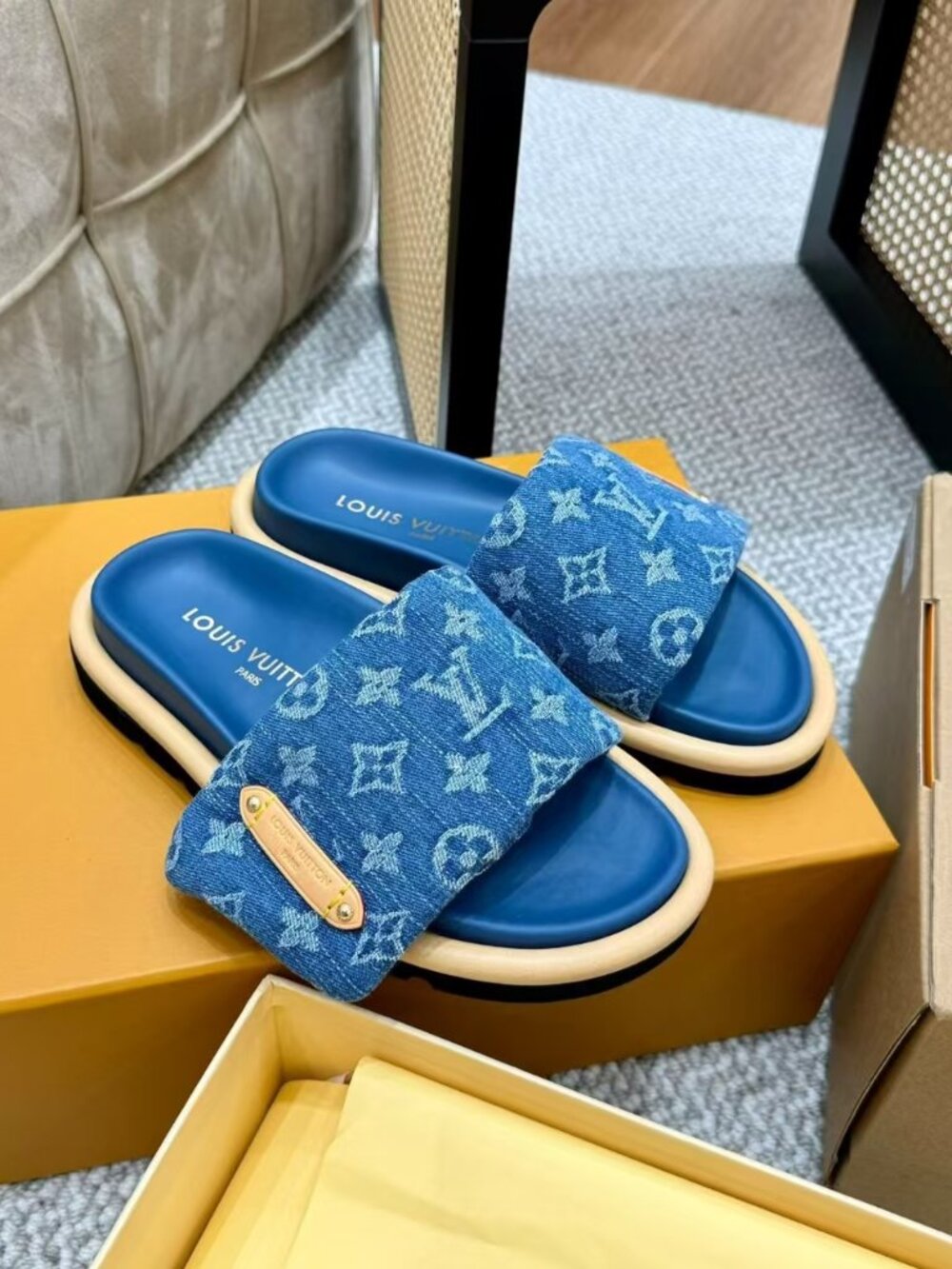 Louis Vuitton Blue Monogram Jacquard Denim Wide Strap Platform Slide Sandals